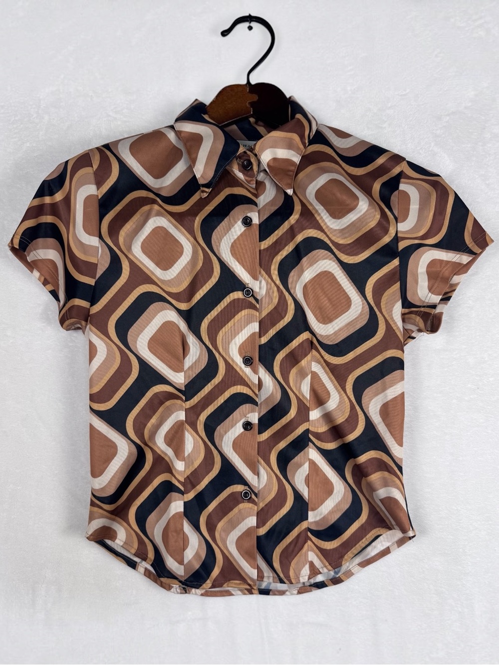 Vintage Y2K In Charge Geometric Mod Blouse Brown Retro Print Small